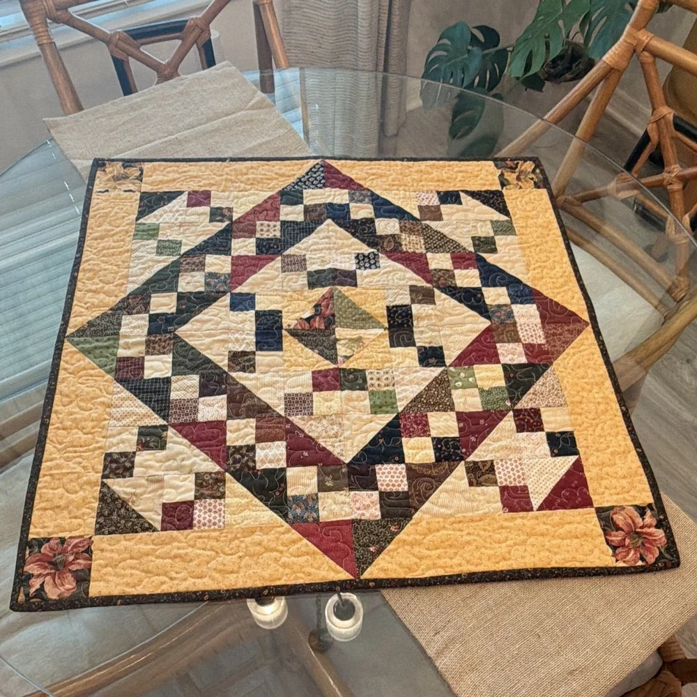 Handmade Quilted Cotton Patchwork Square Table Topper Beige Floral 23.5in